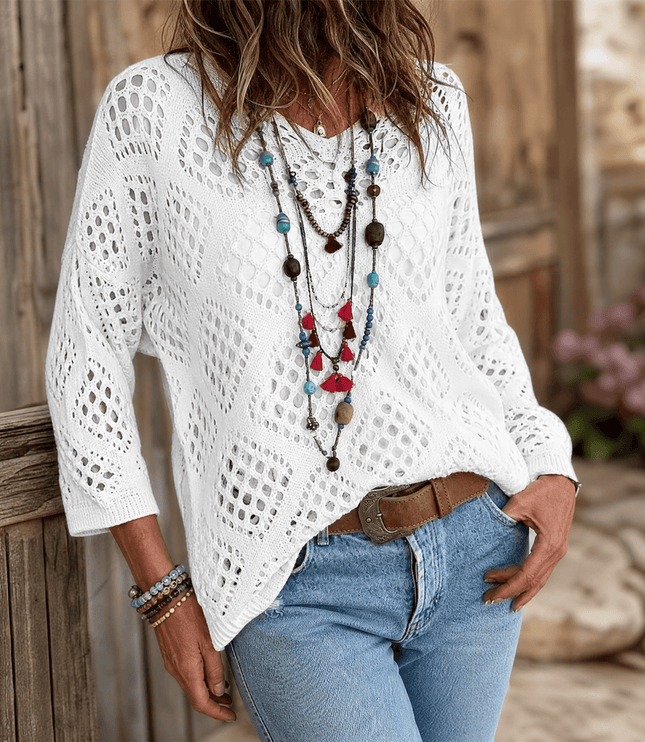 Women's V-Neck Pullover Top in a Relaxed Open Crochet Knit