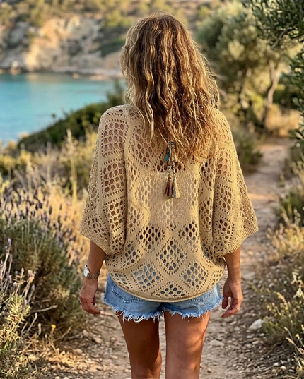 Women's V-Neck Pullover Top in a Relaxed Open Crochet Knit