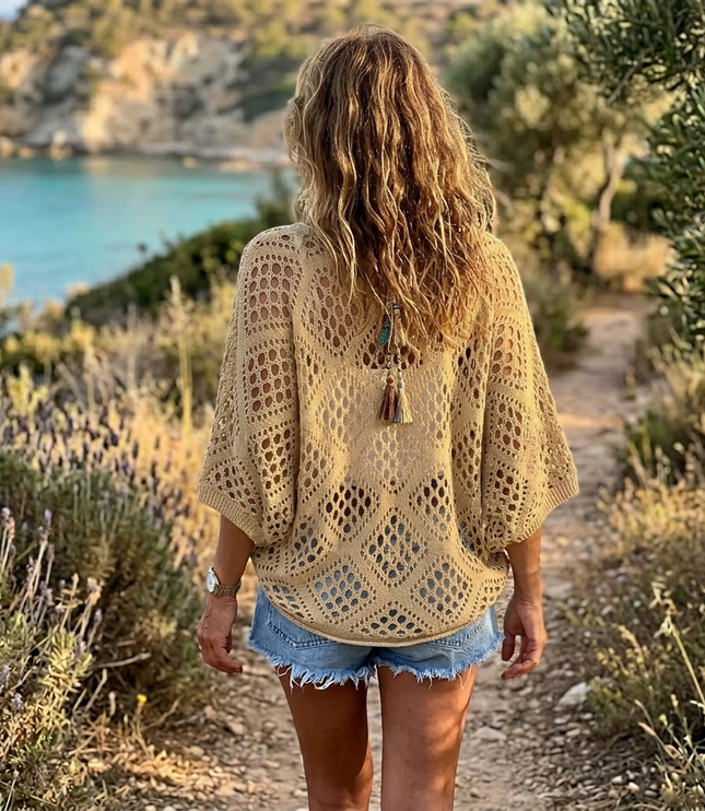 Women's V-Neck Pullover Top in a Relaxed Open Crochet Knit