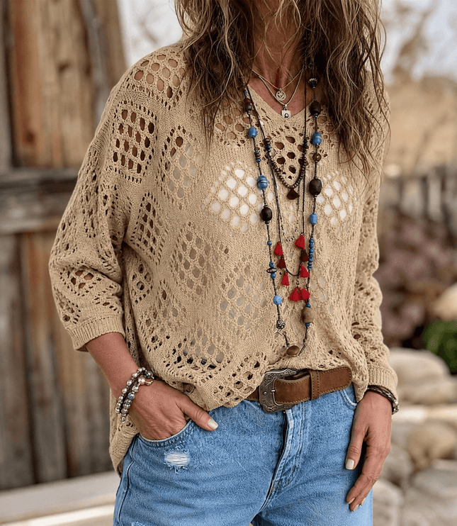 Women's V-Neck Pullover Top in a Relaxed Open Crochet Knit