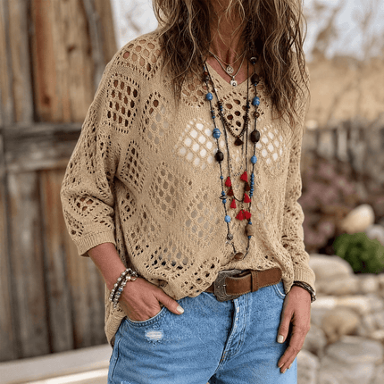 Women's V-Neck Pullover Top in a Relaxed Open Crochet Knit