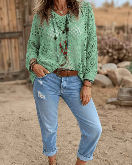 Women's V-Neck Pullover Top in a Relaxed Open Crochet Knit