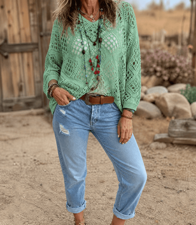 Women's V-Neck Pullover Top in a Relaxed Open Crochet Knit