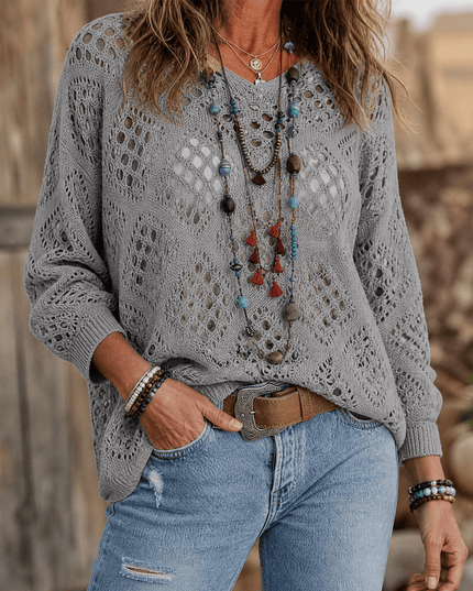 Women's V-Neck Pullover Top in a Relaxed Open Crochet Knit