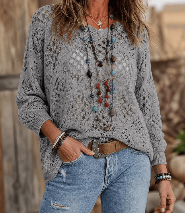 Women's V-Neck Pullover Top in a Relaxed Open Crochet Knit