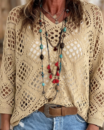 Women's V-Neck Pullover Top in a Relaxed Open Crochet Knit
