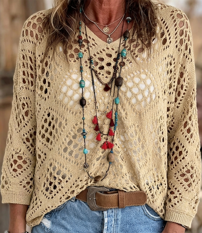 Women's V-Neck Pullover Top in a Relaxed Open Crochet Knit