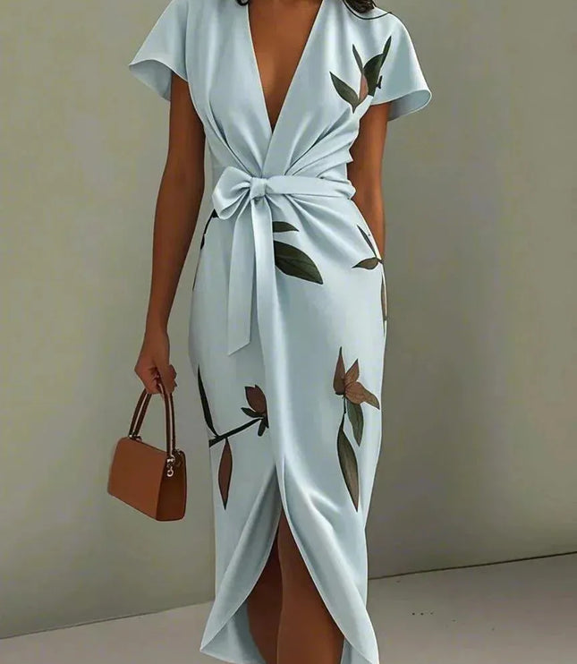 Light blue leaf print wrap midi dress with tie belt detail
