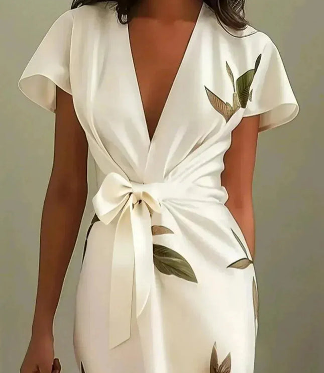 Cream wrap dress with leaf print showing v-neckline and tie closure