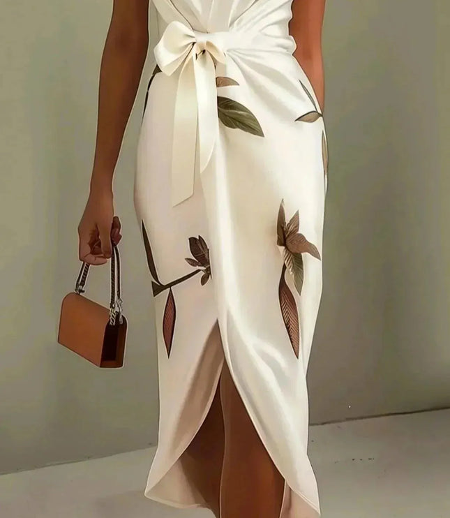 Cream midi wrap dress with leaf print and slit skirt detail