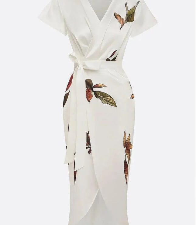 Full length cream wrap midi dress with botanical leaf print