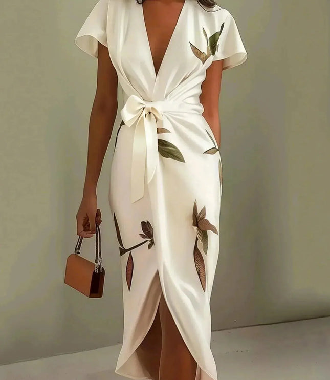 Cream wrap midi dress with leaf print and tie waist front view