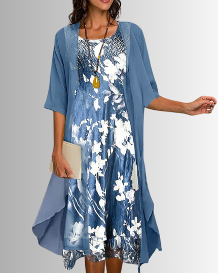 Women's Wedding Guest Dress in Two Pieces with Floral Overlay