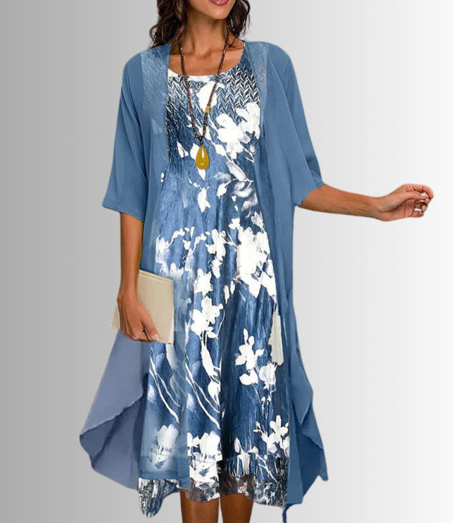 Women's Wedding Guest Dress in Two Pieces with Floral Overlay