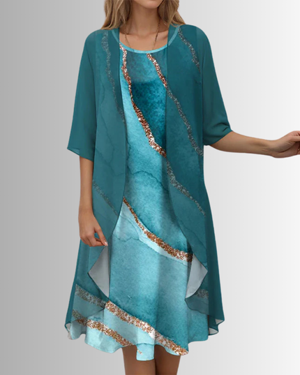 Women's Wedding Guest Dress in Two Pieces with Floral Overlay