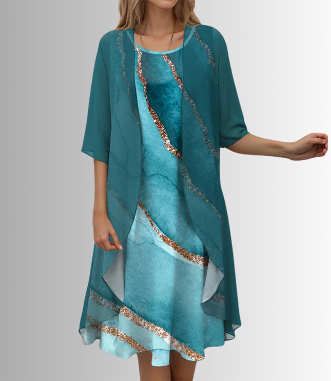 Women's Wedding Guest Dress in Two Pieces with Floral Overlay