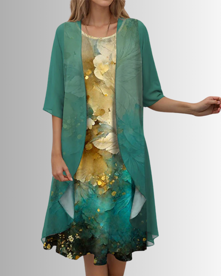 Women's Wedding Guest Dress in Two Pieces with Floral Overlay