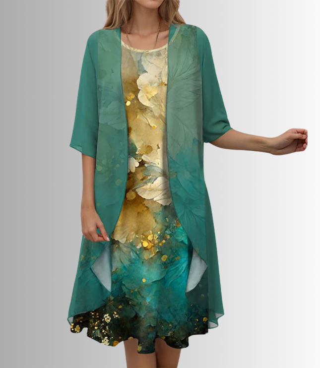 Women's Wedding Guest Dress in Two Pieces with Floral Overlay
