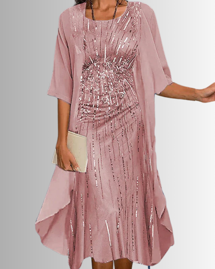 Women's Wedding Guest Dress in Two Pieces with Floral Overlay