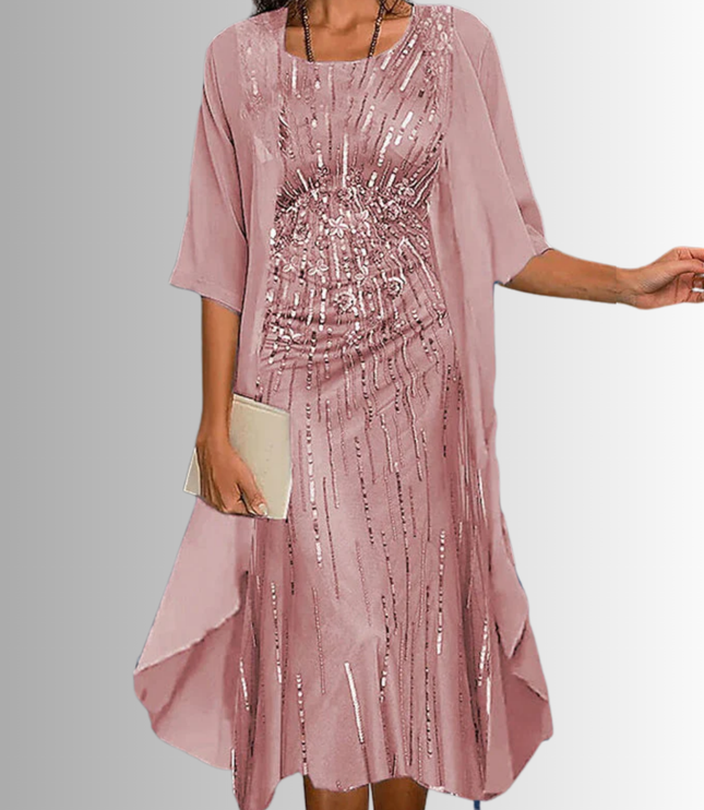 Women's Wedding Guest Dress in Two Pieces with Floral Overlay
