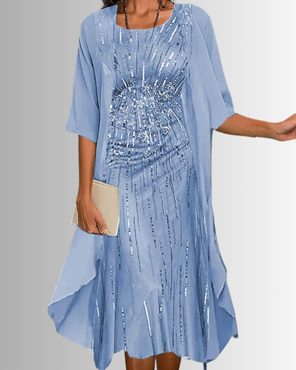 Women's Wedding Guest Dress in Two Pieces with Floral Overlay