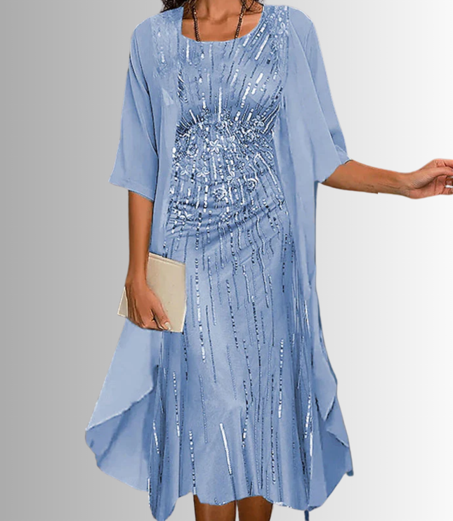 Women's Wedding Guest Dress in Two Pieces with Floral Overlay