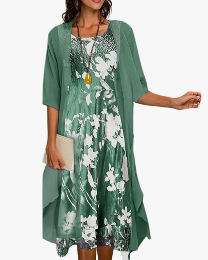 Women's Wedding Guest Dress in Two Pieces with Floral Overlay