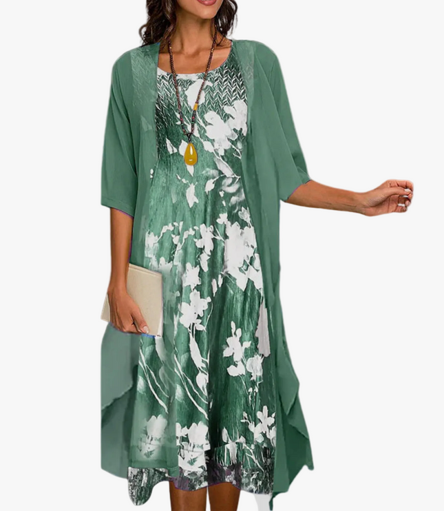 Women's Wedding Guest Dress in Two Pieces with Floral Overlay
