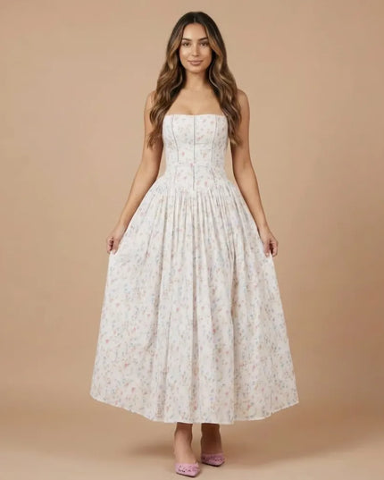 Front view of women floral strapless midi dress in white with soft pastel print