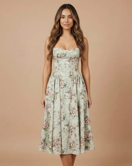 Side view of light blue floral midi dress with strapless neckline and ankle-length hem