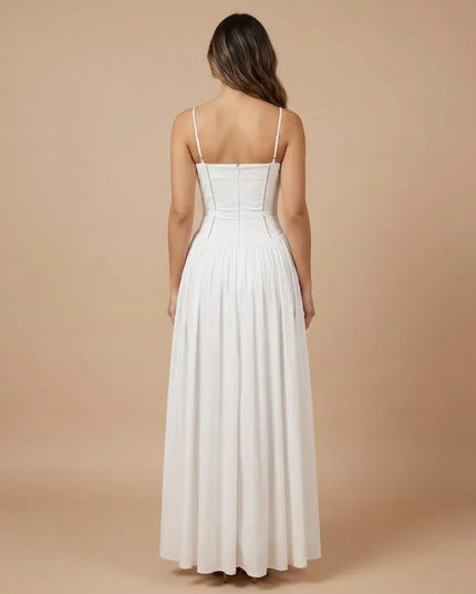 Back view of white strapless midi dress with smooth bodice and flowing skirt