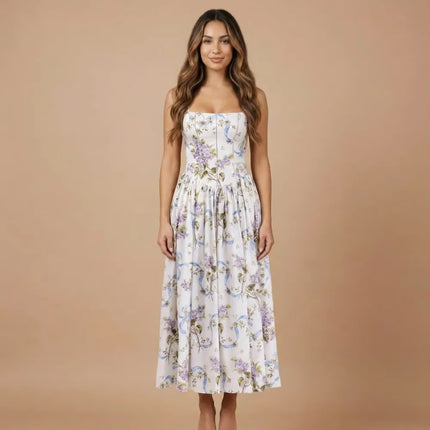 Front view of women floral strapless midi dress with white base and purple blue print
