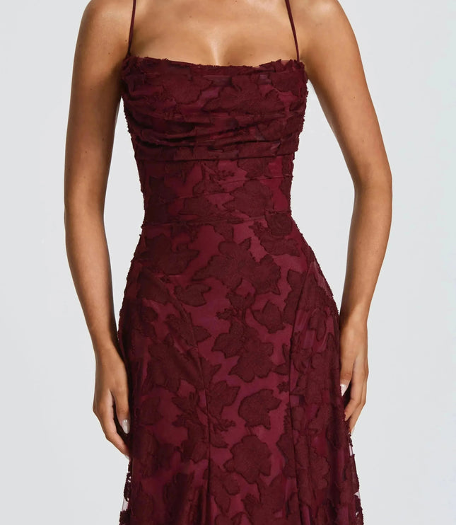 Close-up burgundy floral cowl neck maxi dress bodice with ruched drape and thin straps