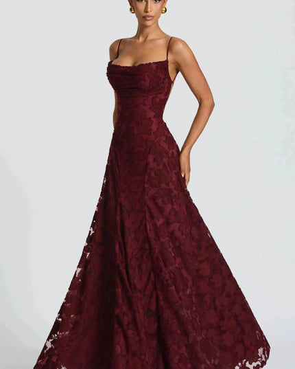 Burgundy floral cowl neck maxi dress with spaghetti straps, studio front view