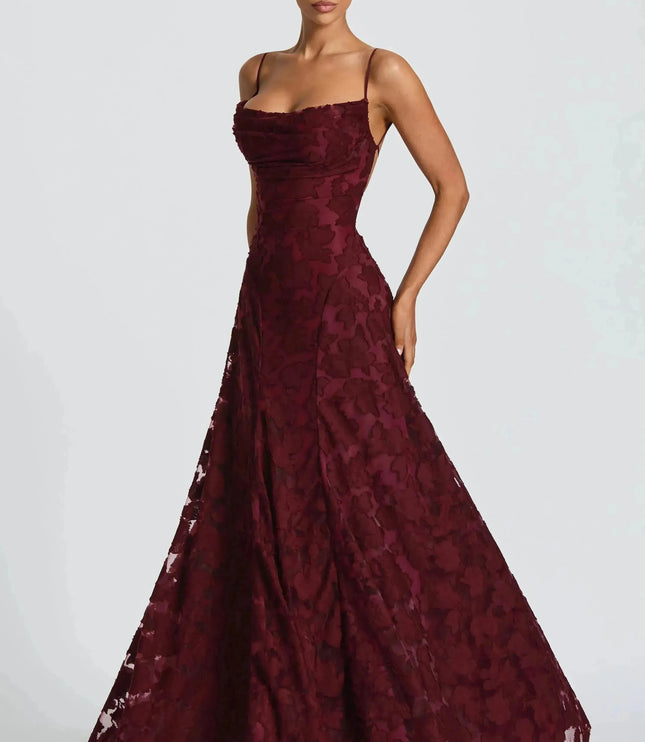 Burgundy floral cowl neck maxi dress with spaghetti straps, studio front view