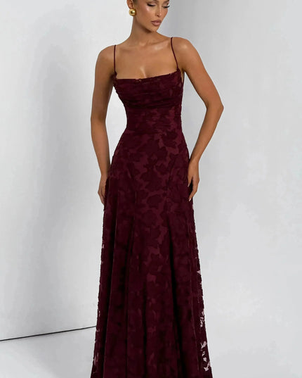Burgundy floral cowl neck maxi dress with spaghetti straps, full-length front view