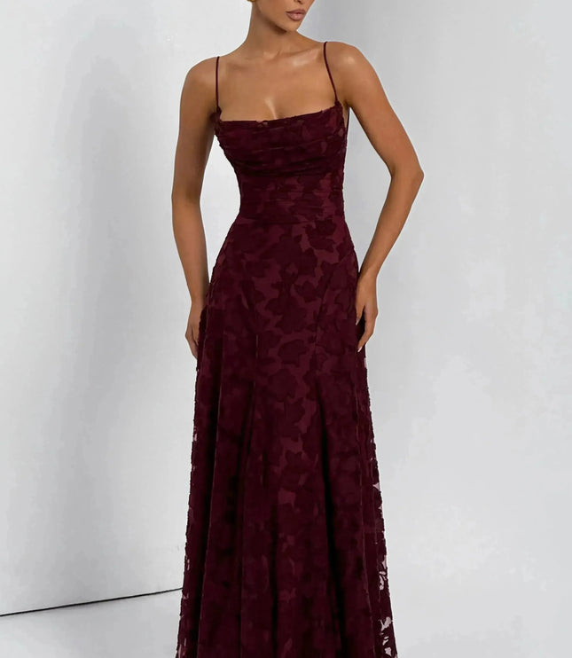 Burgundy floral cowl neck maxi dress with spaghetti straps, full-length front view