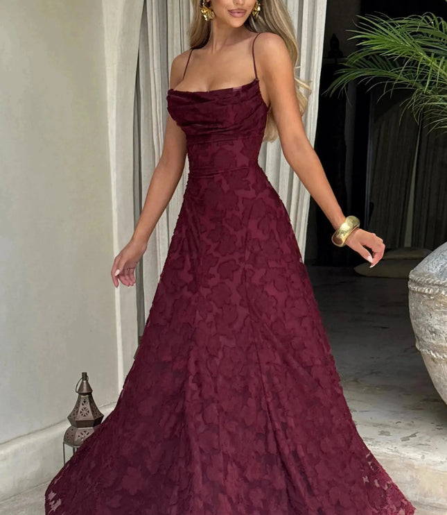 Burgundy floral cowl neck maxi dress angled view showing draped neckline and skirt