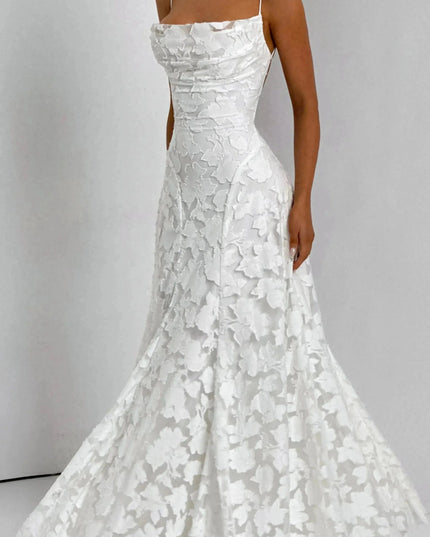 White floral cowl neck maxi dress side view with fitted waist and flared hem