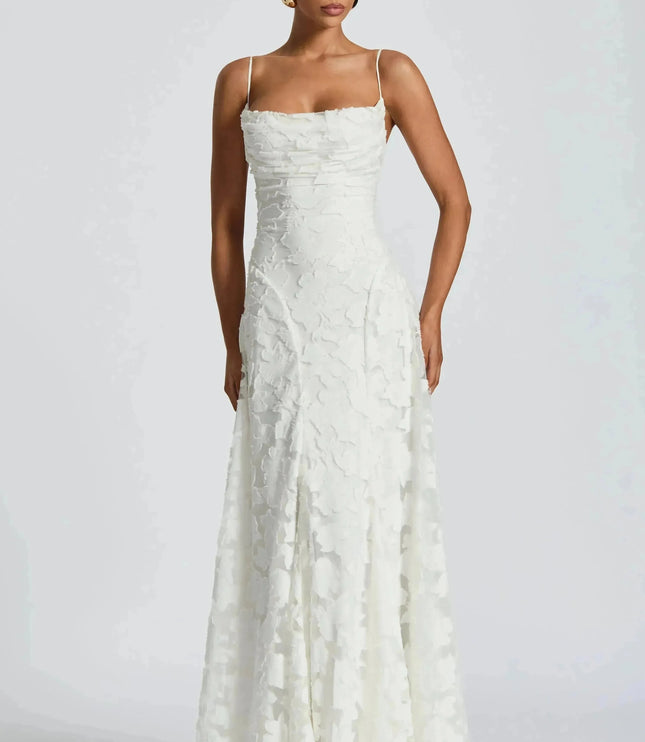 White floral cowl neck maxi dress studio front view with thin straps and textured fabric