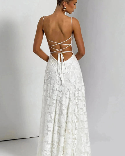 White floral cowl neck maxi dress back view with lace-up crisscross straps