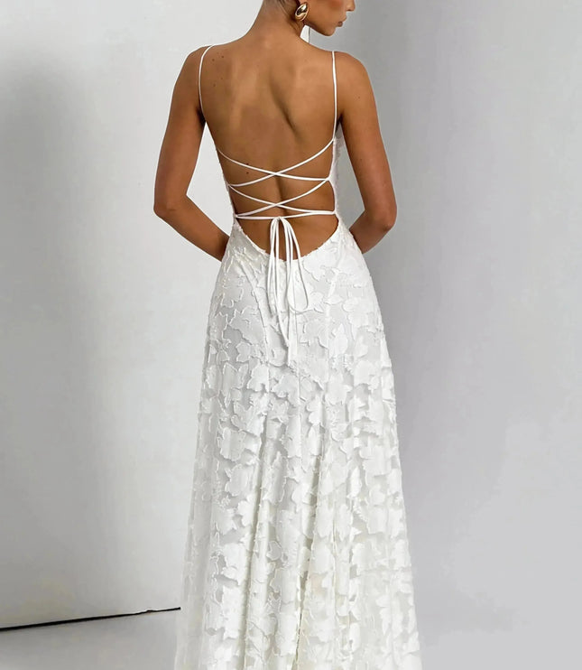 White floral cowl neck maxi dress back view with lace-up crisscross straps