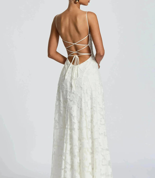 White floral cowl neck maxi dress back angle showing open back and tie detail