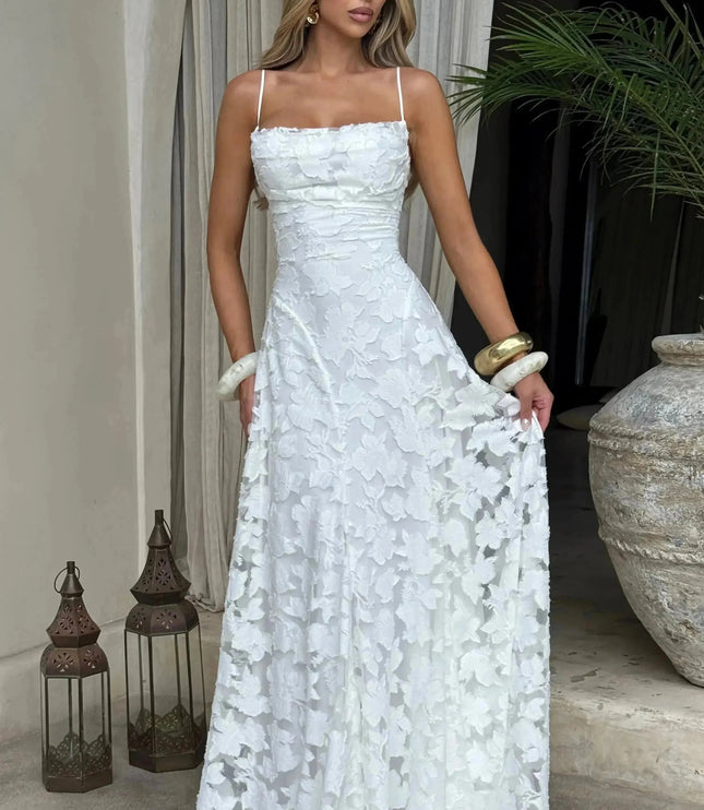 White floral cowl neck maxi dress full length, outdoor front view with flowing skirt