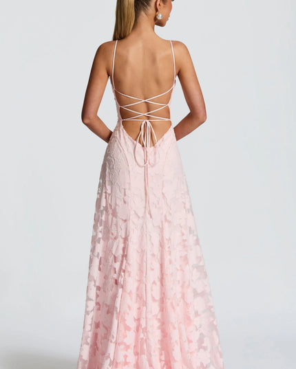 Back view blush pink floral maxi dress with lace-up open back and thin straps