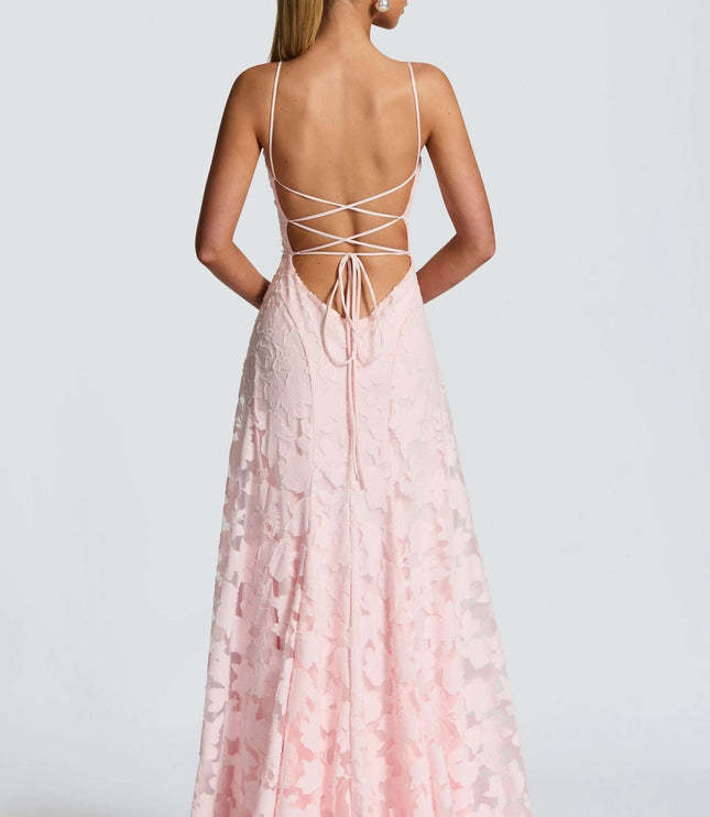 Back view blush pink floral maxi dress with lace-up open back and thin straps