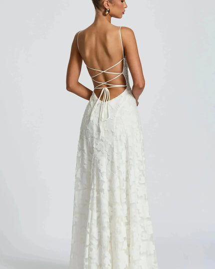 White floral cowl neck maxi dress back angle showing open back and tie detail