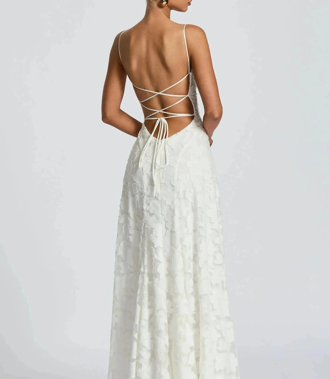 White floral cowl neck maxi dress back angle showing open back and tie detail