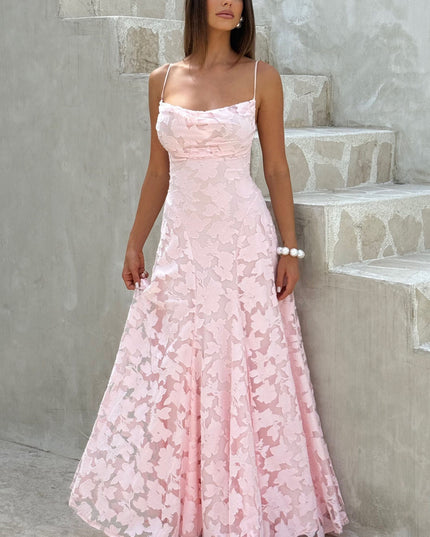 Blush pink floral cowl neck maxi dress with spaghetti straps, full-length front view