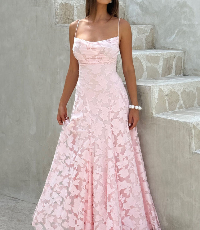 Blush pink floral cowl neck maxi dress with spaghetti straps, full-length front view